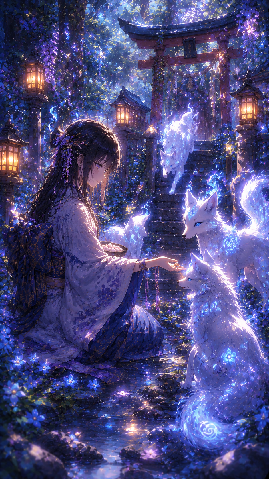 Girl with A White Fox Spirit at A Shrine
