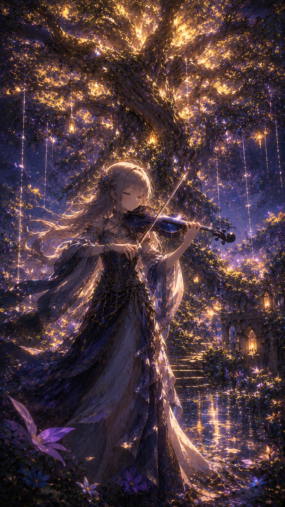 Girl Playing Violin under A Golden Tree