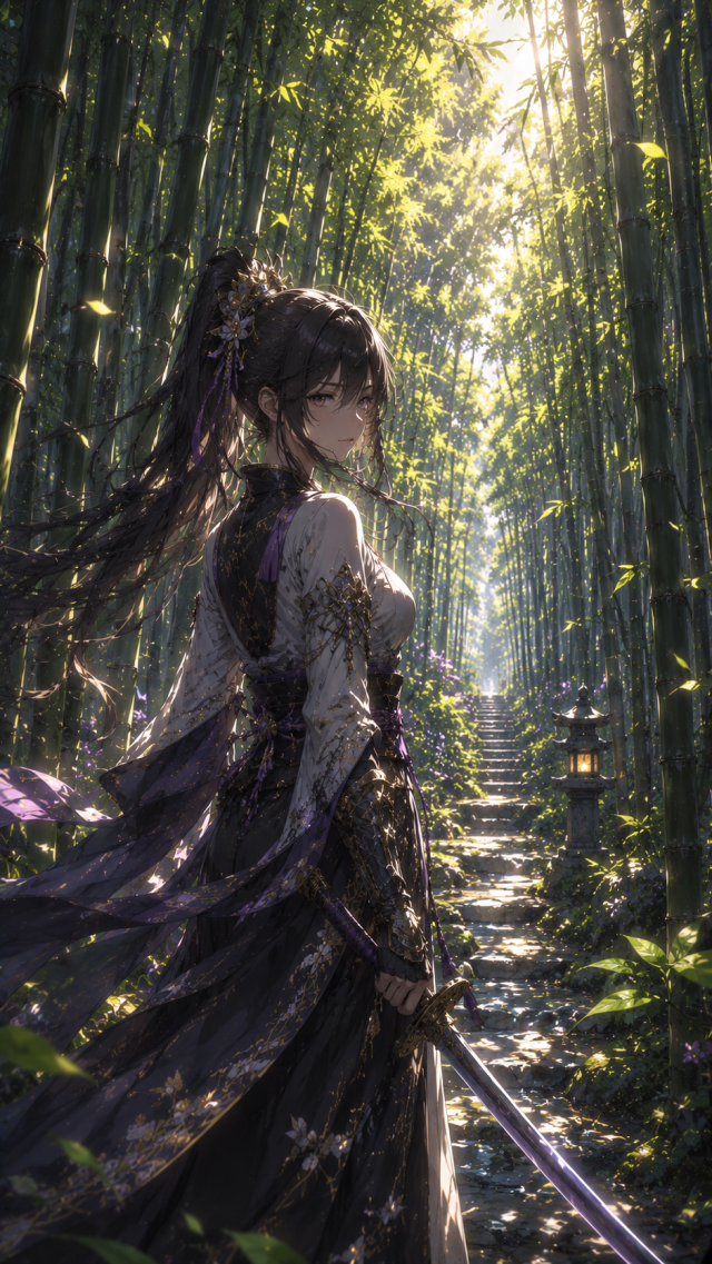 Girl with Sword in A Bamboo Forest