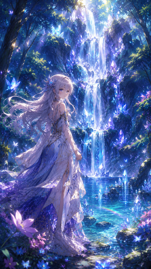 White-Haired Girl by A Blue Waterfall Pond