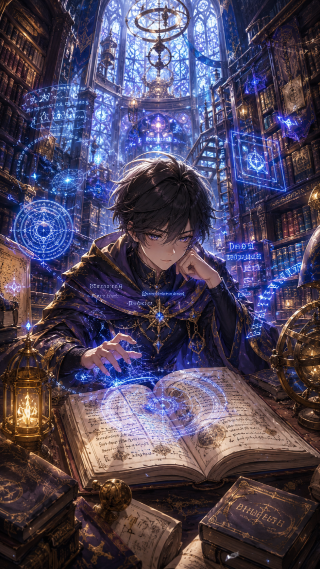 Boy Reading A Magical Book in A Library