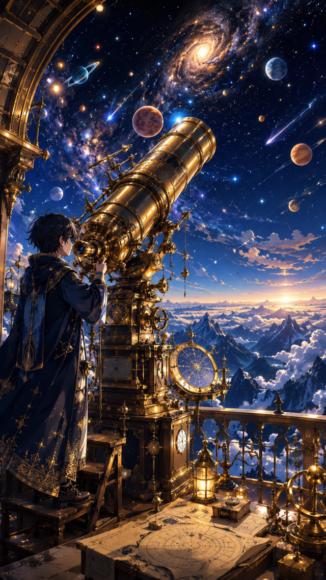 Anime Astronomer with Brass Telescope