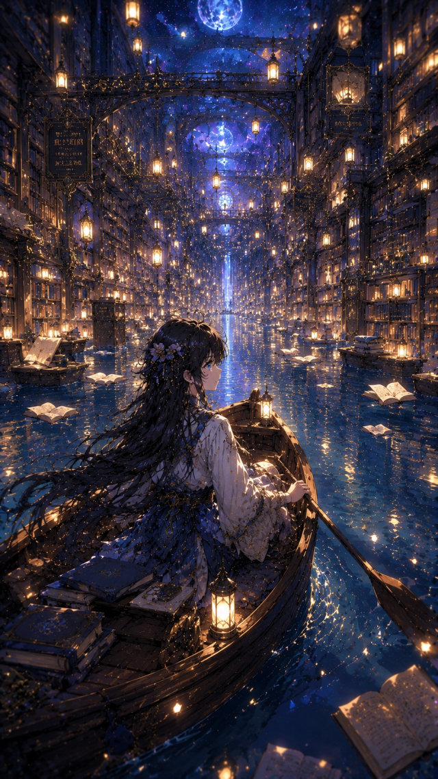 Girl in Candlelit Cosmic Library