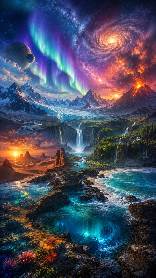 Aurora Valley with Waterfall and Planets