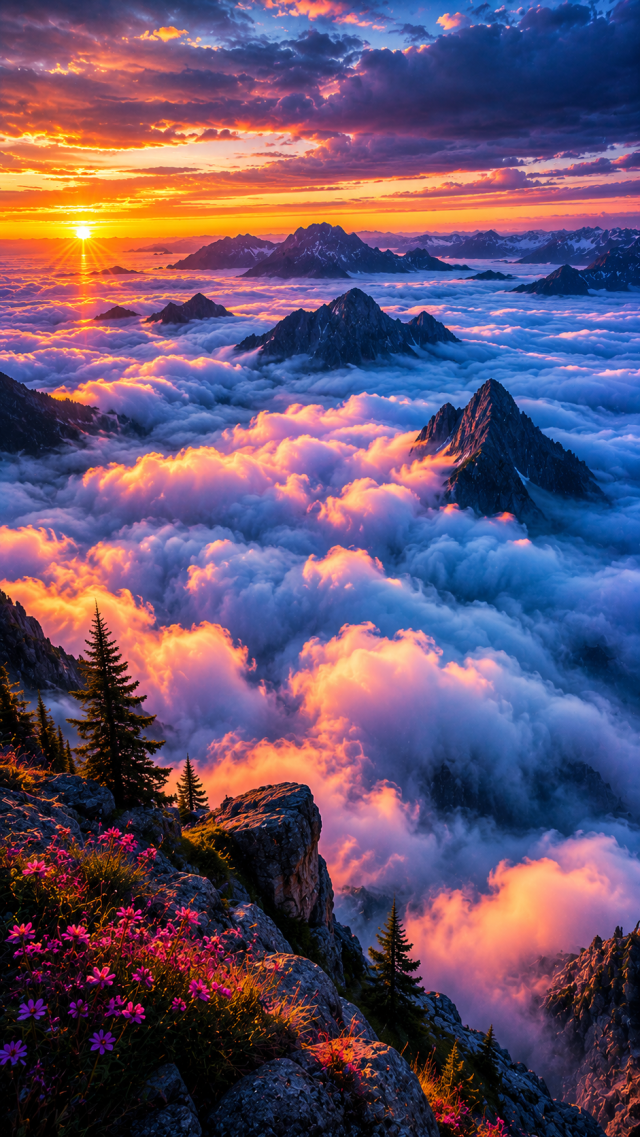 Sunrise above Clouds and Pink Mountains