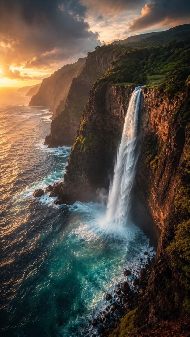 Coastal Waterfall Dropping into Turquoise Sea