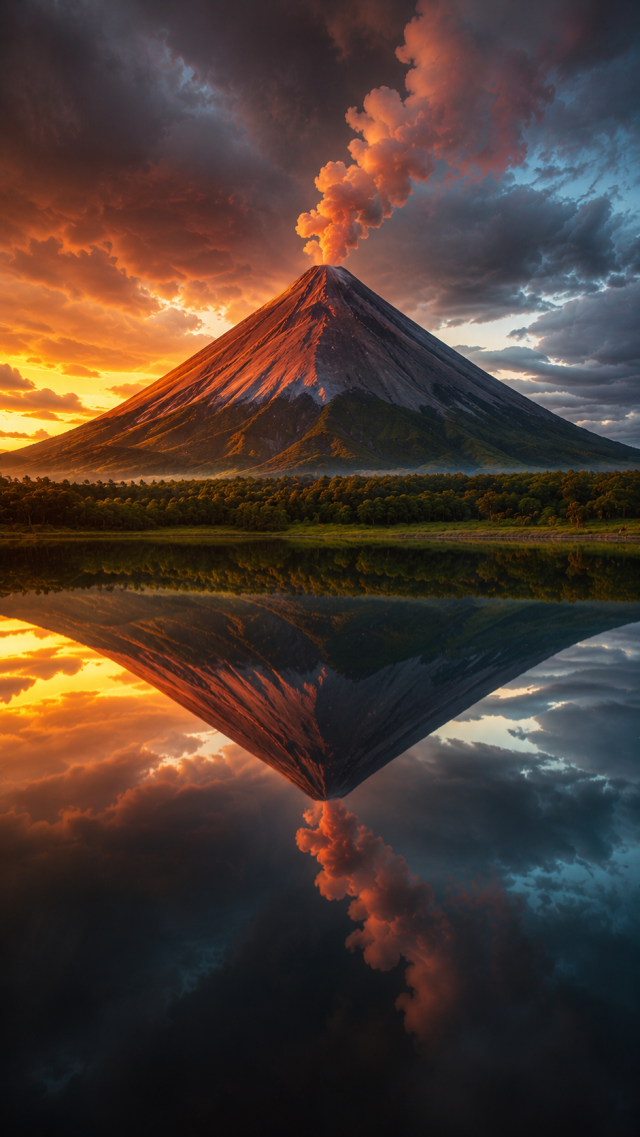 Smoking Volcano Reflected in Lake