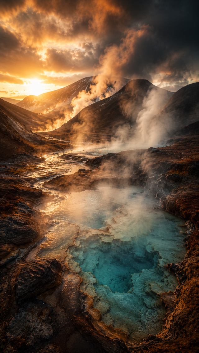 Steaming Hot Springs at Sunset