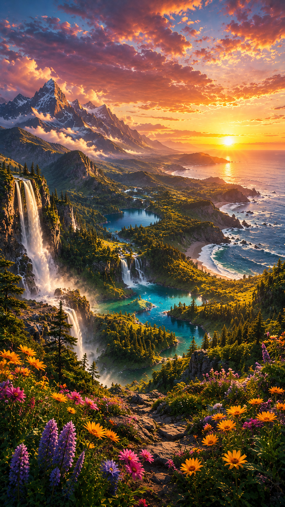 Mountain Waterfall Valley with Wildflowers