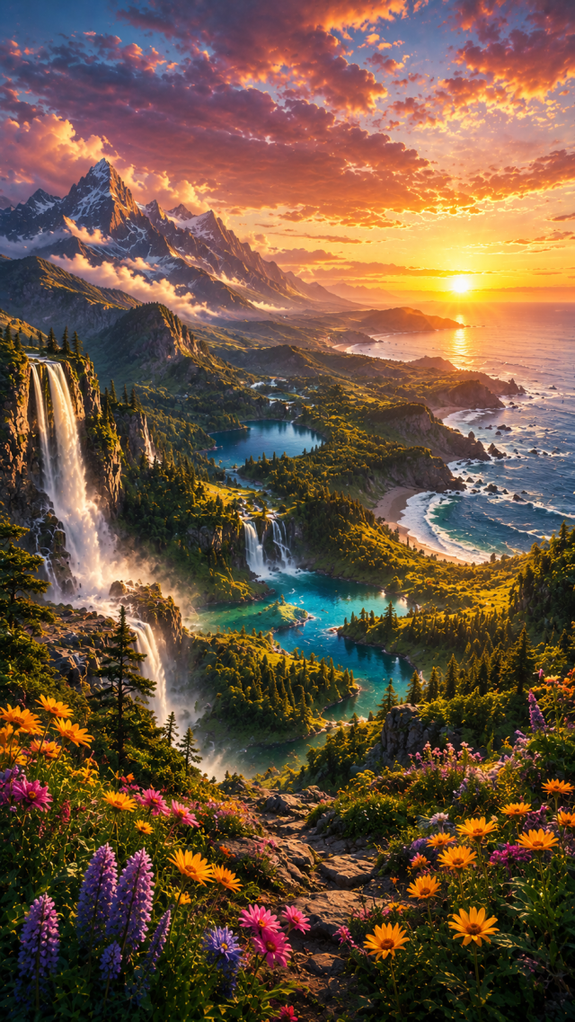 Mountain Waterfall Valley with Wildflowers