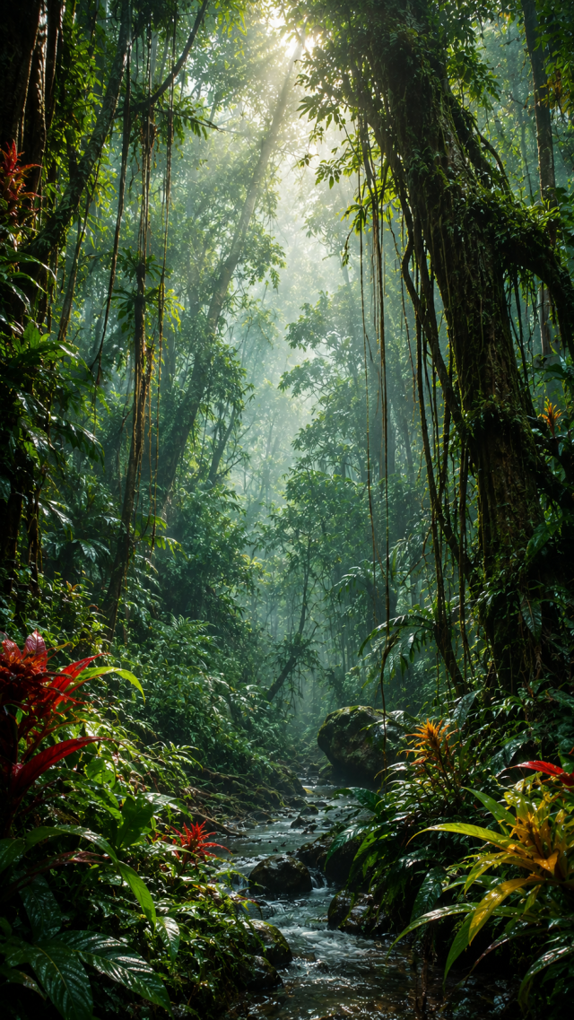 Sunlit Rainforest Trail with Red Flowers