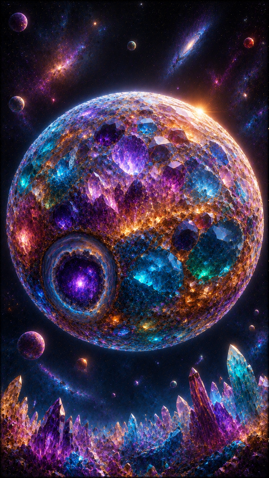 Crystal Planet with Colorful Craters