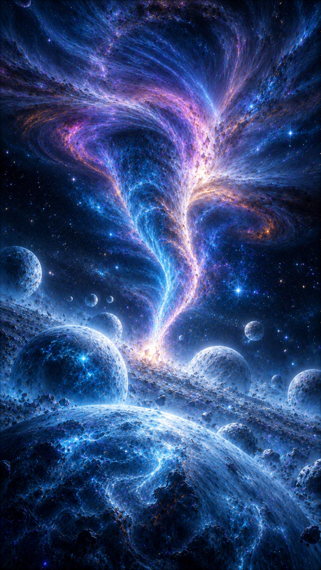 Blue Nebula Tornado above Icy Planet