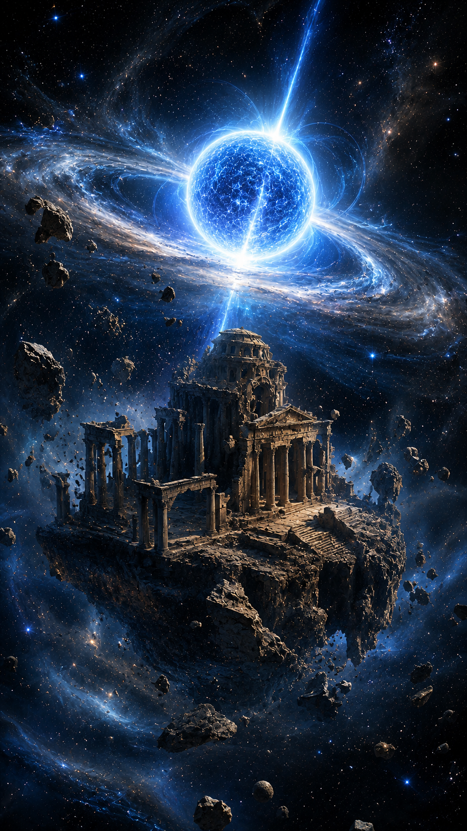 Blue Ringed Planet over Ruins