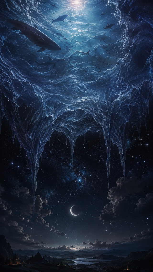 Blue Ice Cave under Crescent Moon