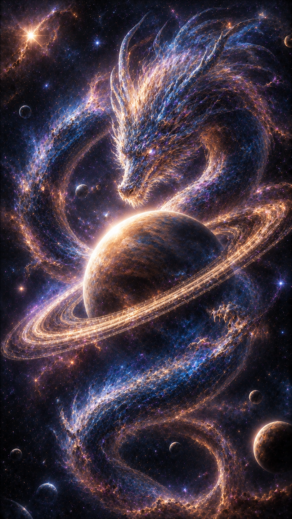 White Cosmic Dragon Around Ringed Planet