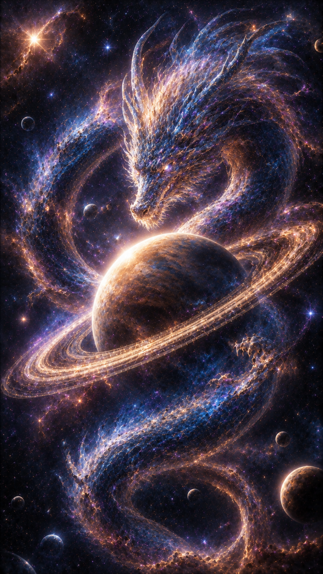 White Cosmic Dragon Around Ringed Planet