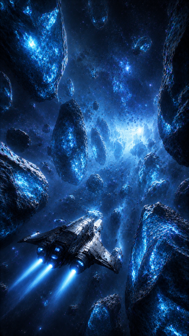 Blue Asteroid Cavern with Spaceship