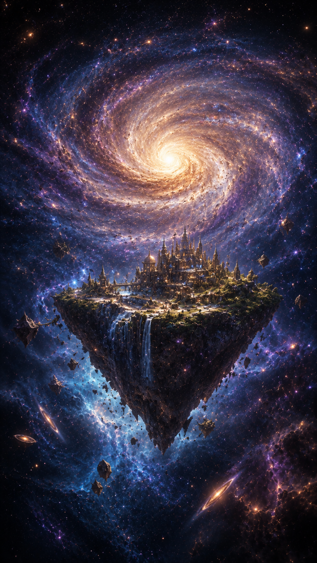 Floating Island Beneath Spiral Galaxy