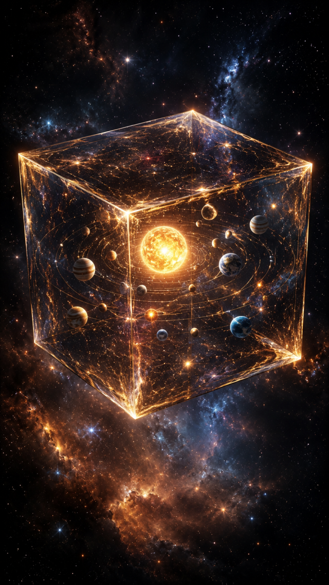 Transparent Cube Containing Solar System