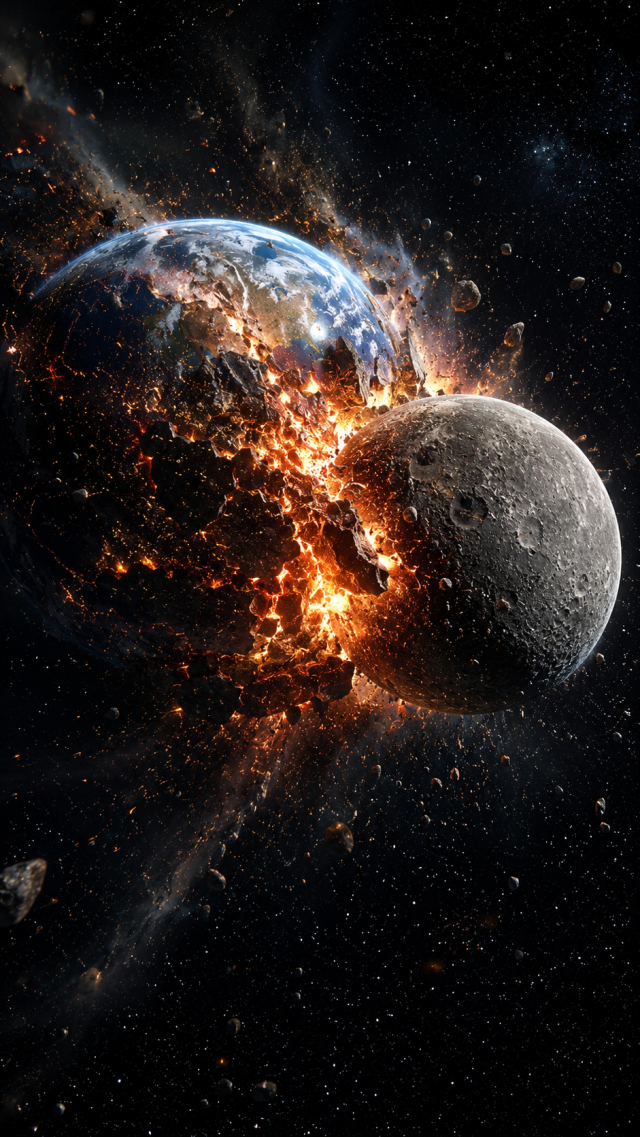 Moon Colliding with Fiery Planet