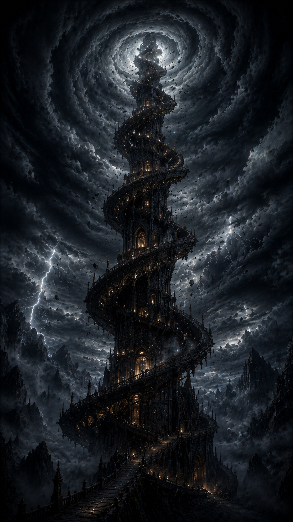 Spiral Tower under Black Clouds