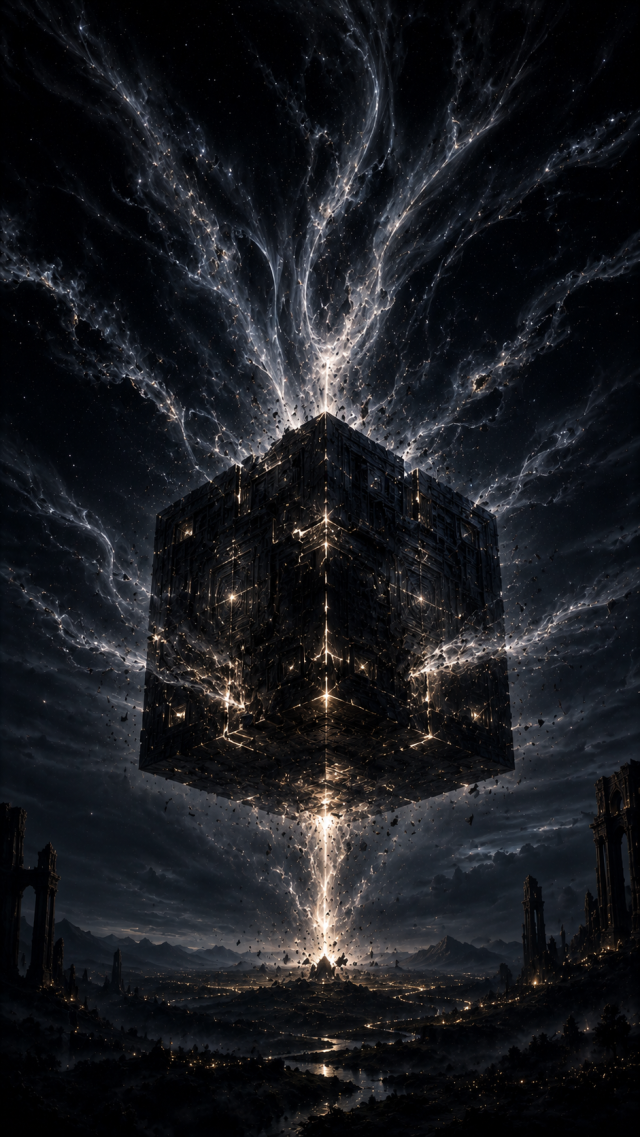 Floating Black Cube in Lightning