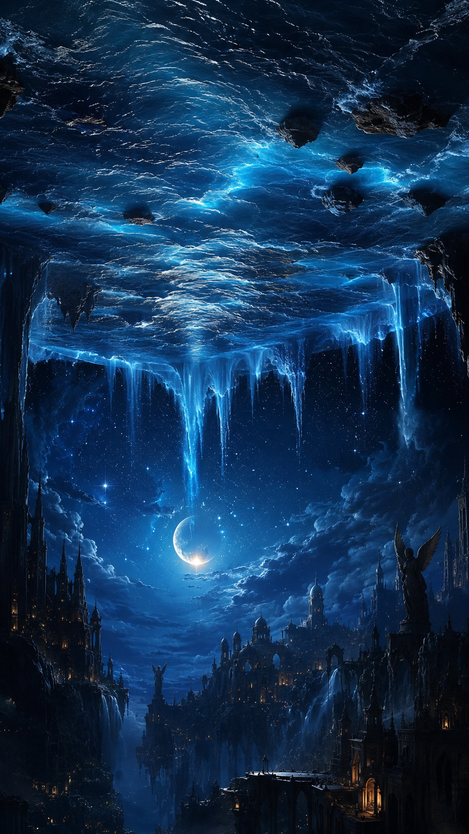 Blue Ice Cave with Crescent Moon