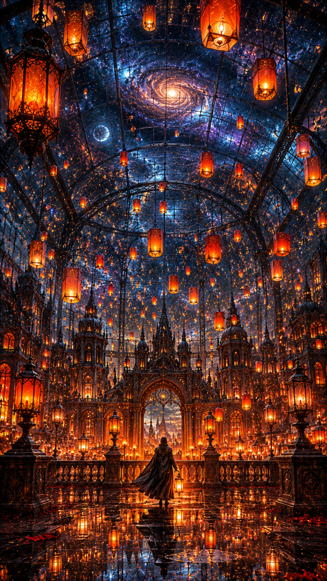 Orange Lantern Palace under Galaxies