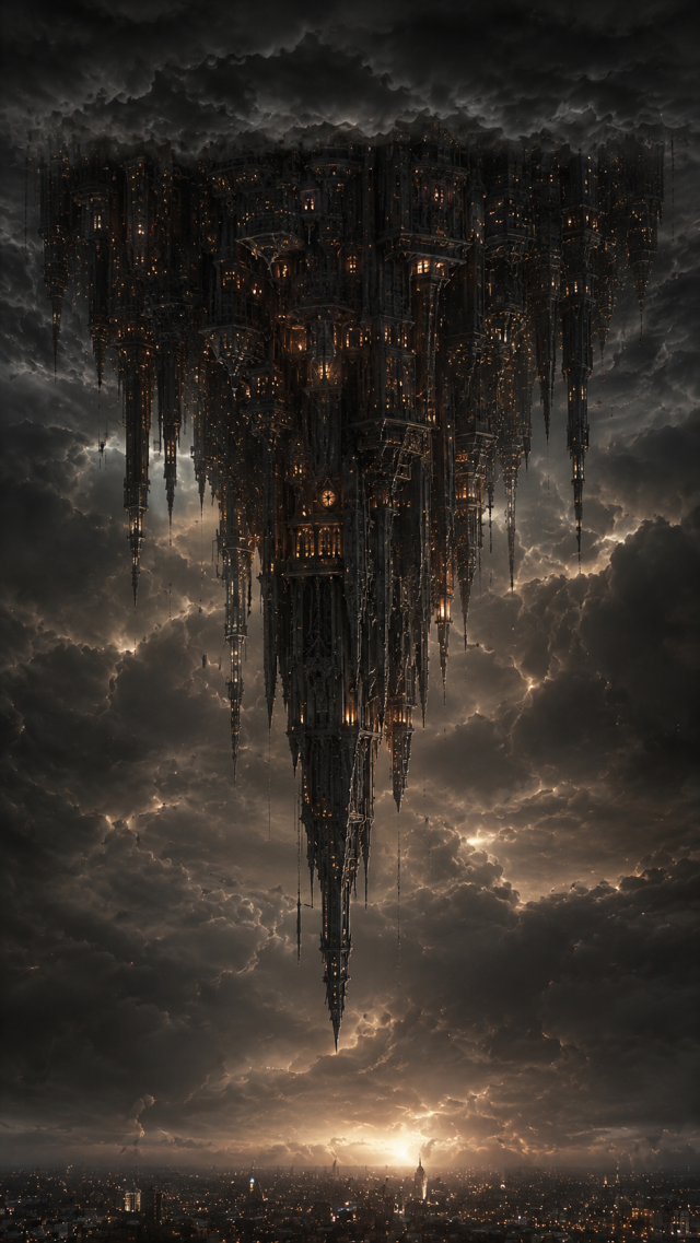 Floating Black Fortress above City