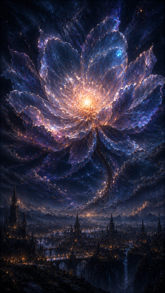 Cosmic Lotus Flower over City
