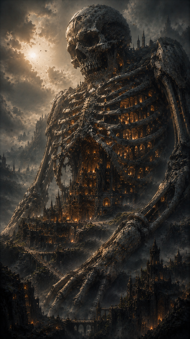 Giant Skeleton over Ruined City