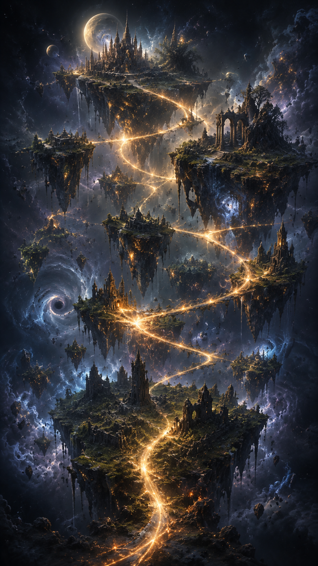 Floating Island Path with Golden Lights