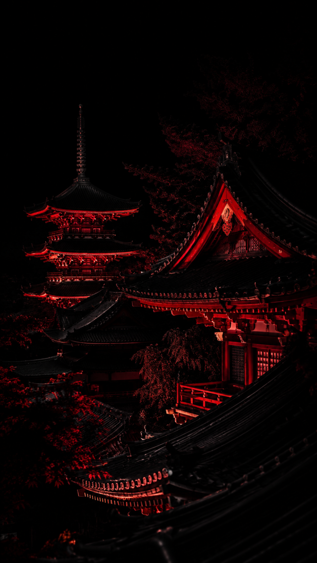 Red Temple Rooftops at Night