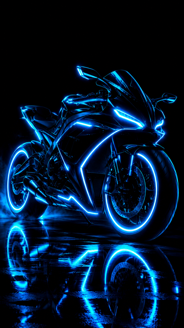 Blue Neon Motorcycle Reflection