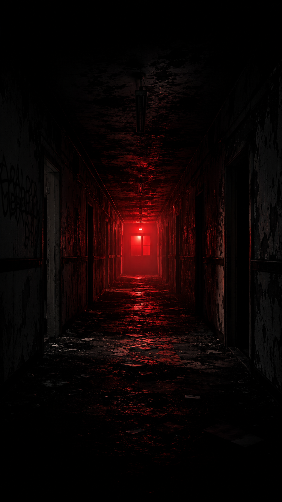 Red Hallway with Distant Light