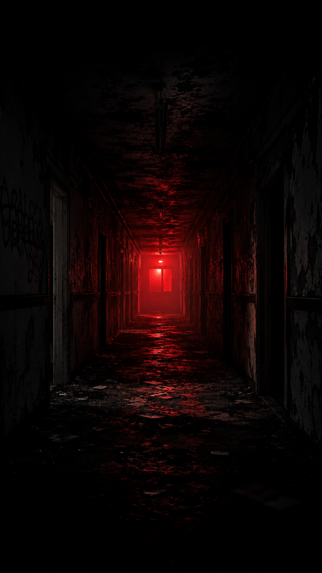 Red Hallway with Distant Light
