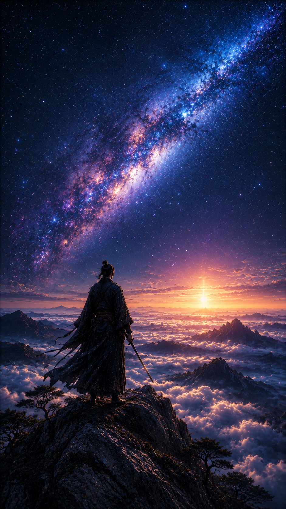 Samurai Watching Sunrise Beneath Milky Way