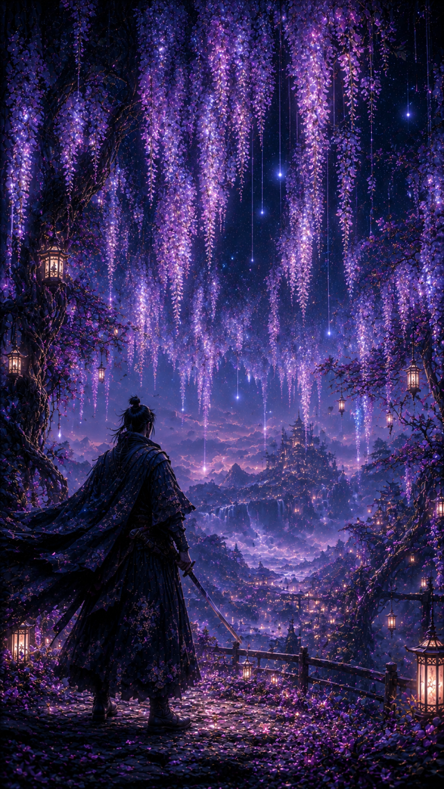 Samurai Beneath Violet Wisteria and Lanterns
