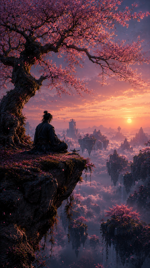 Samurai Seated On Cliff under Cherry Tree