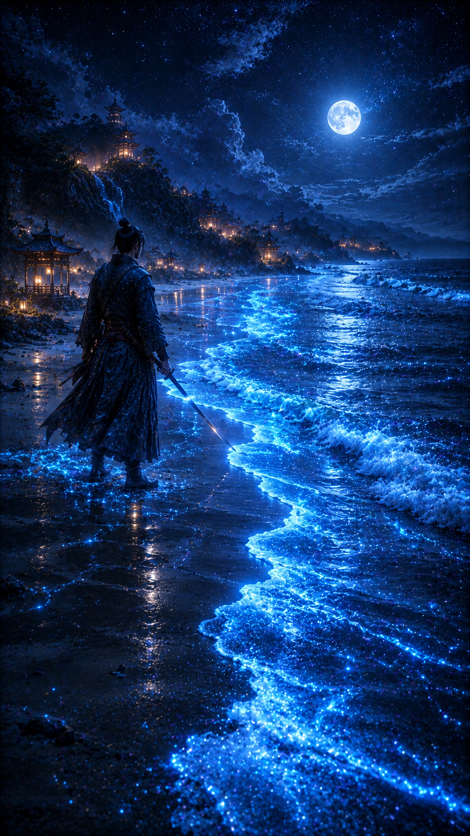 Samurai On Bioluminescent Moonlit Shore