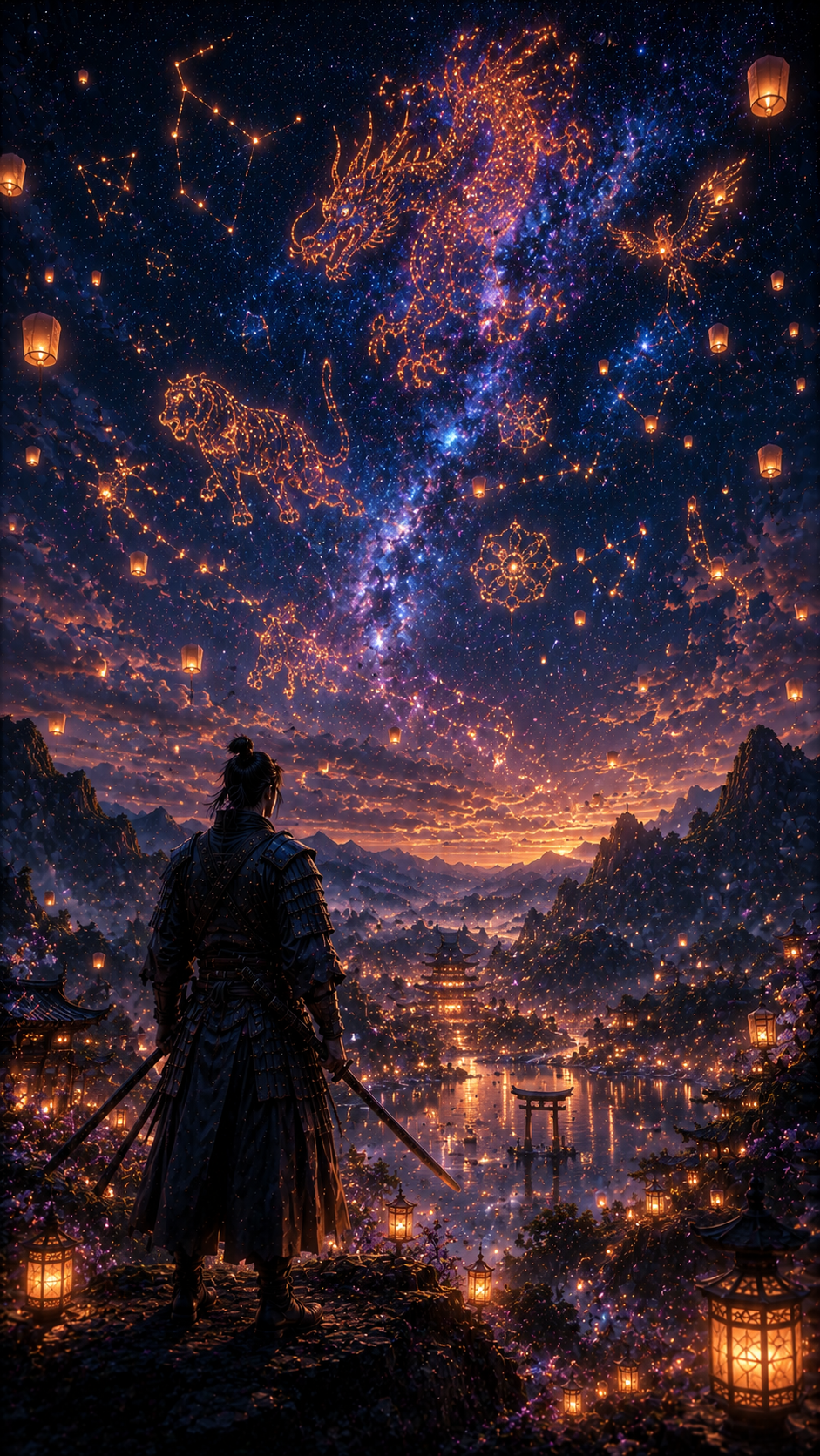Samurai Beneath Constellation Koi Sky