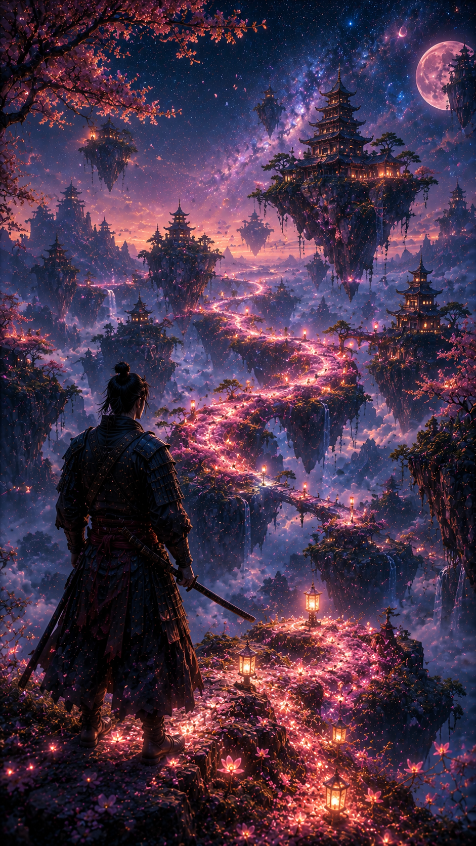Samurai in Pink Forest under Twin Moons