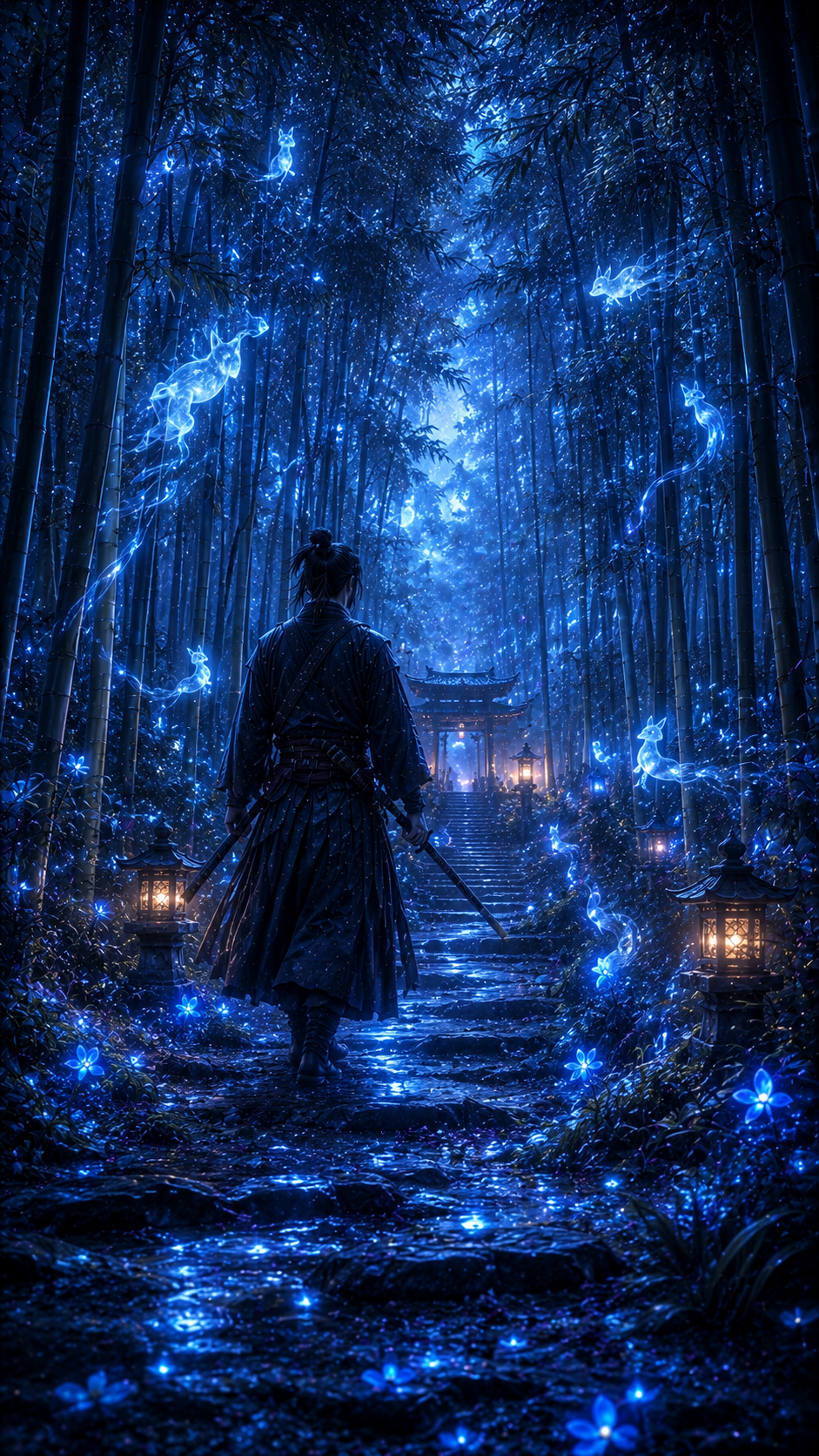 Samurai Walking through Blue Glowing Bamboo Forest