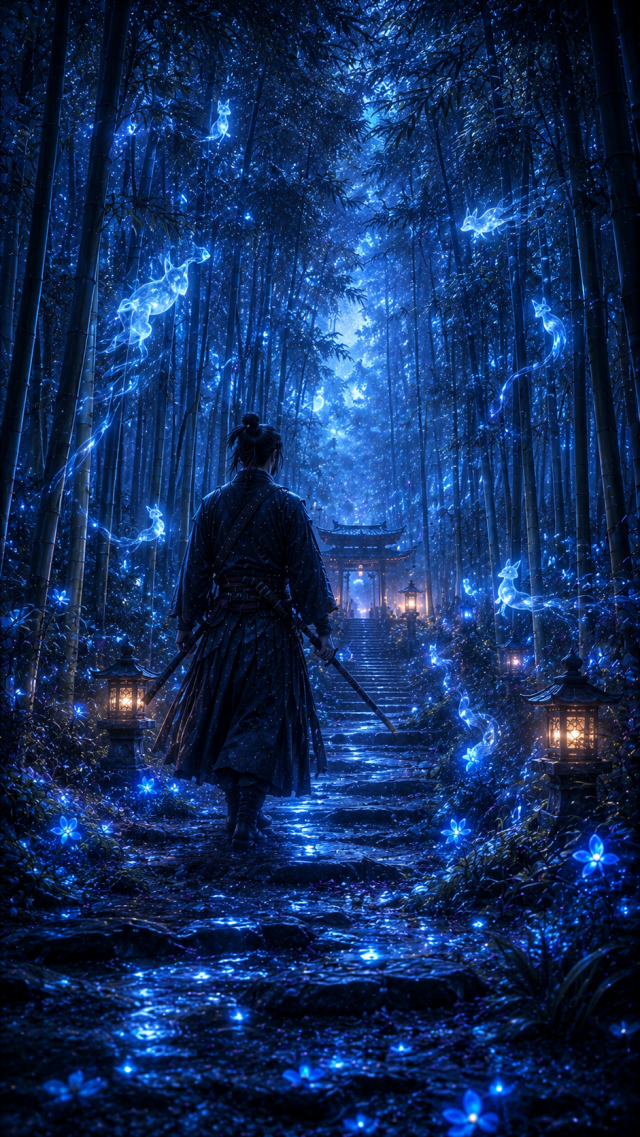 Samurai Walking through Blue Glowing Bamboo Forest