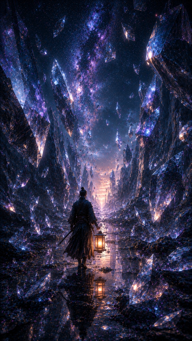 Samurai Walking through Violet Crystal Cavern