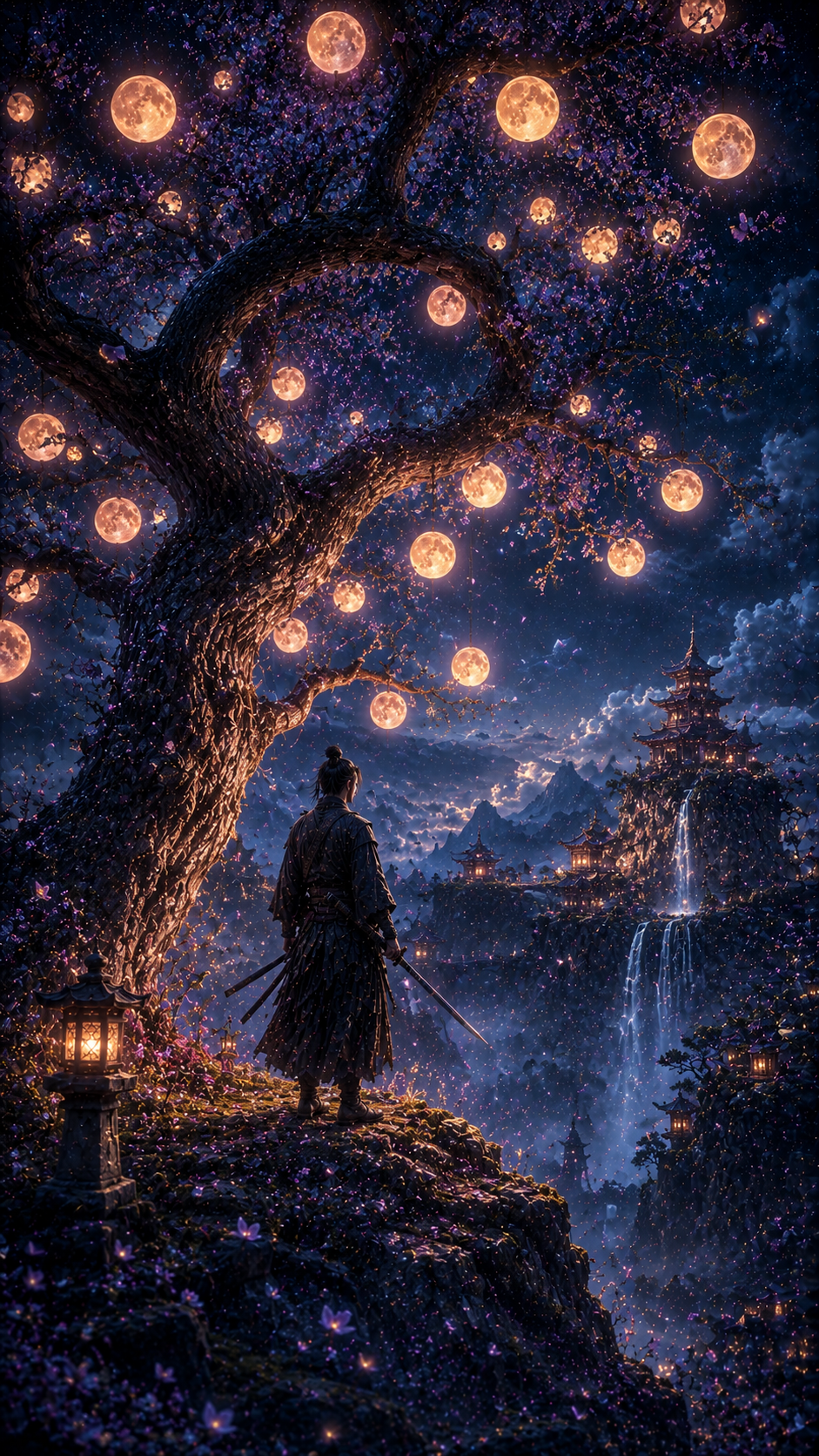 Samurai Beneath Glowing Lantern Tree