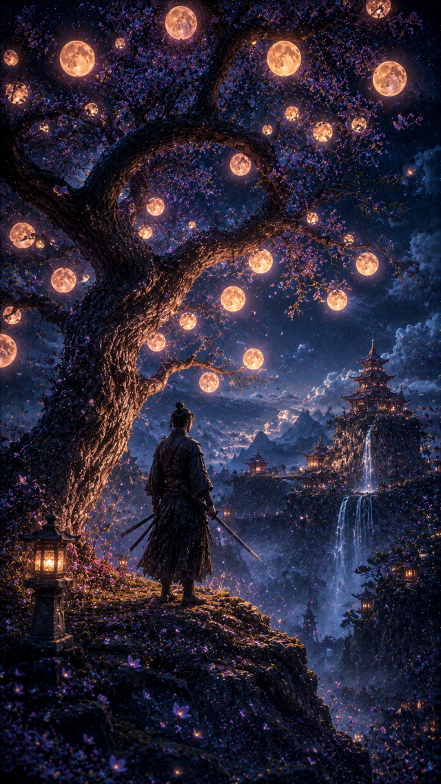 Samurai Beneath Glowing Lantern Tree