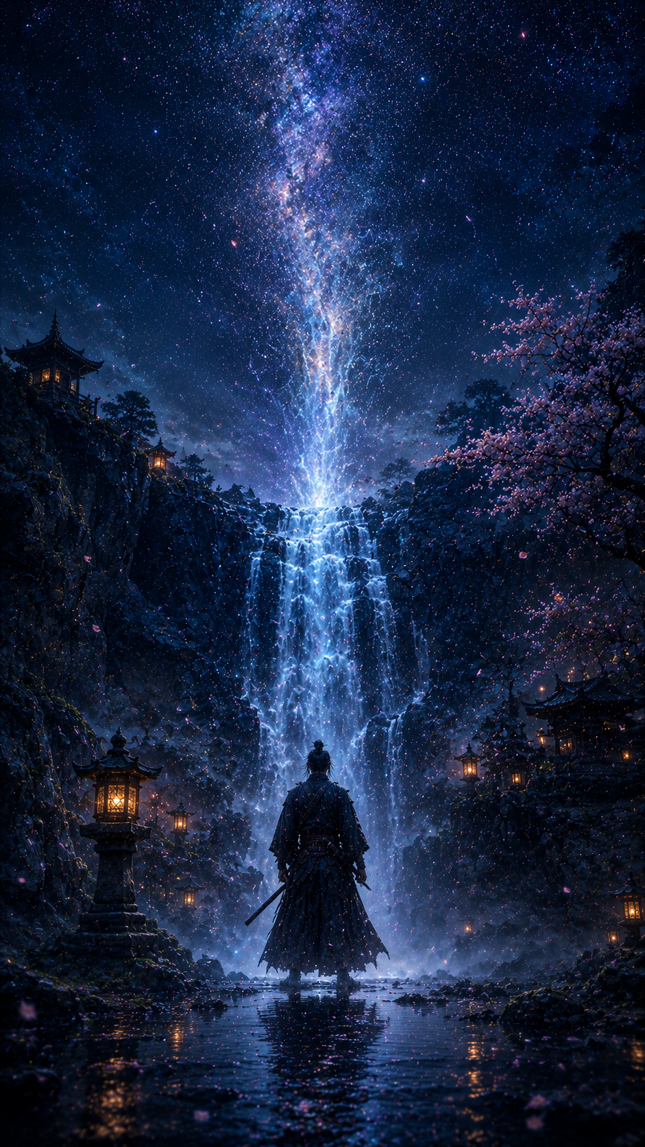Samurai Below Star Waterfall at Temple