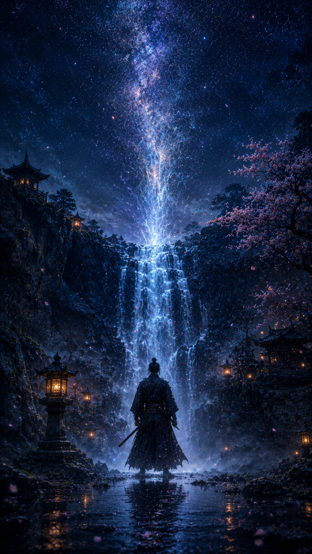 Samurai Below Star Waterfall at Temple